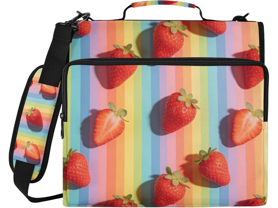 Mochila com zíper e 3 argolas, estampa Morango, alça de ombro e bolso com zíper. Ideal para estudantes e estudantes.