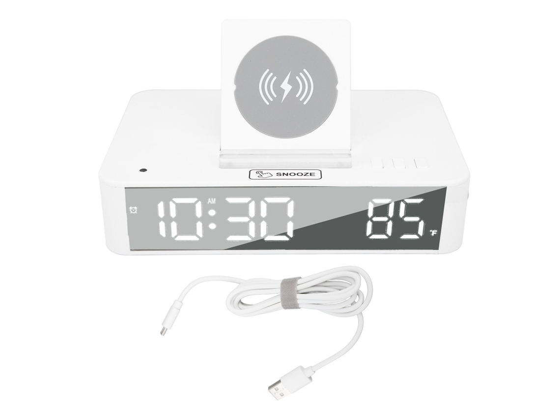 Despertador digital LED Baok-reloj com espelho e carregamento sem fio de 10 W para quarto, escritório e casa EN001 Branco