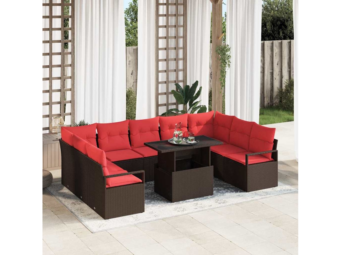 Vidaxl Conjunto De Sofá De Jardim 10 Pcs Marrom E Vermelho