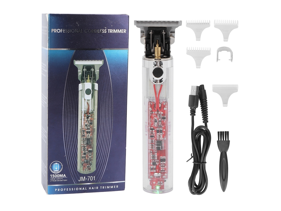 Kit de corte de cabelo elétrico transparente com cabo USB e escova de limpeza para uso doméstico e infantil.