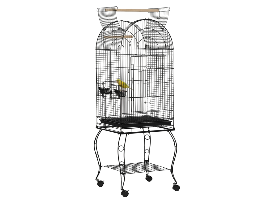 Gaiola para Pássaros com Suporte e Rodas Gaiola de Aço com Bandeja Removível e 2 Comedouros 51x51x153 Cm Preto Ge