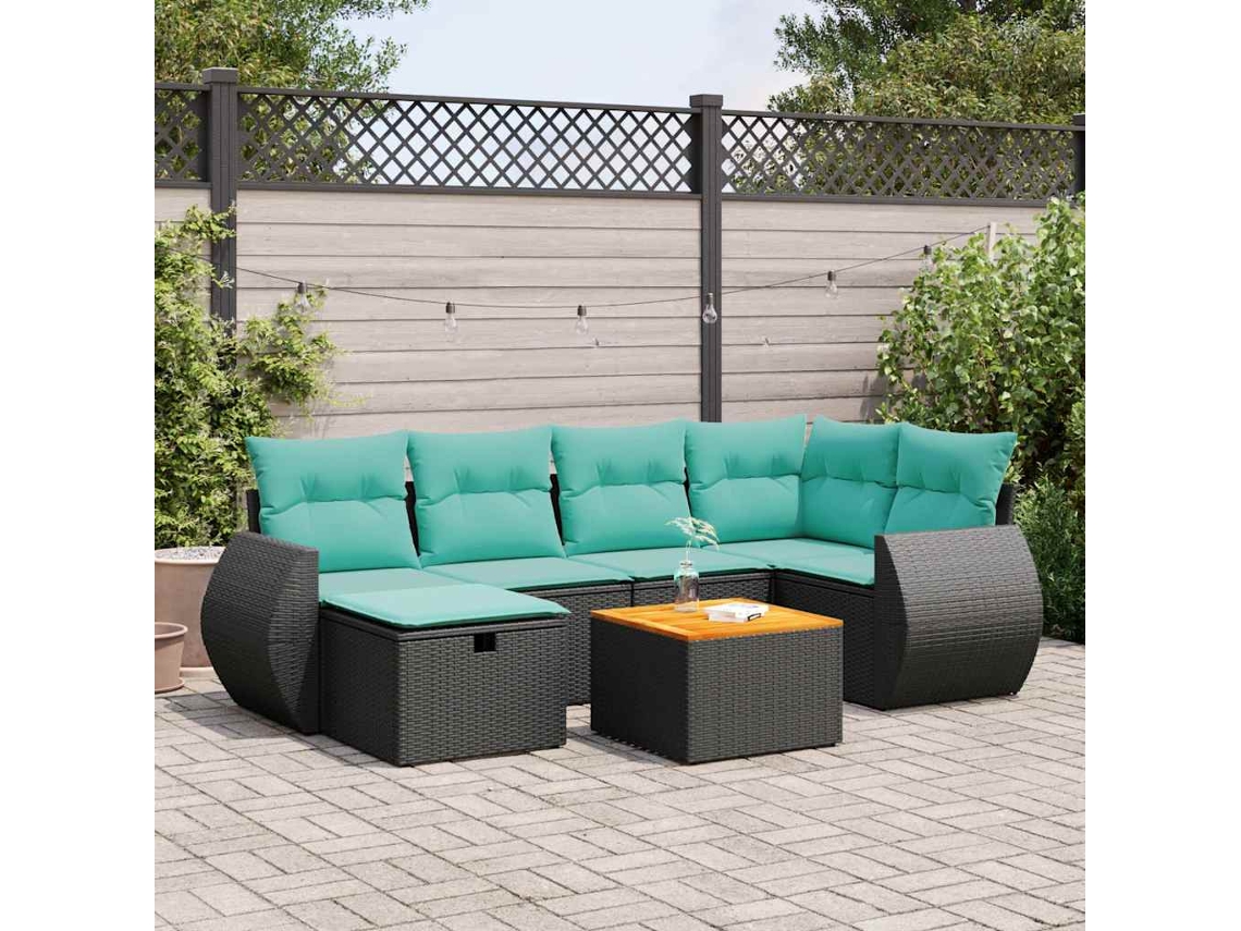 Vidaxl 7 Pcs Conjunto de Sofás P/ Jardim C/ Almofadões Vime Pe Preto