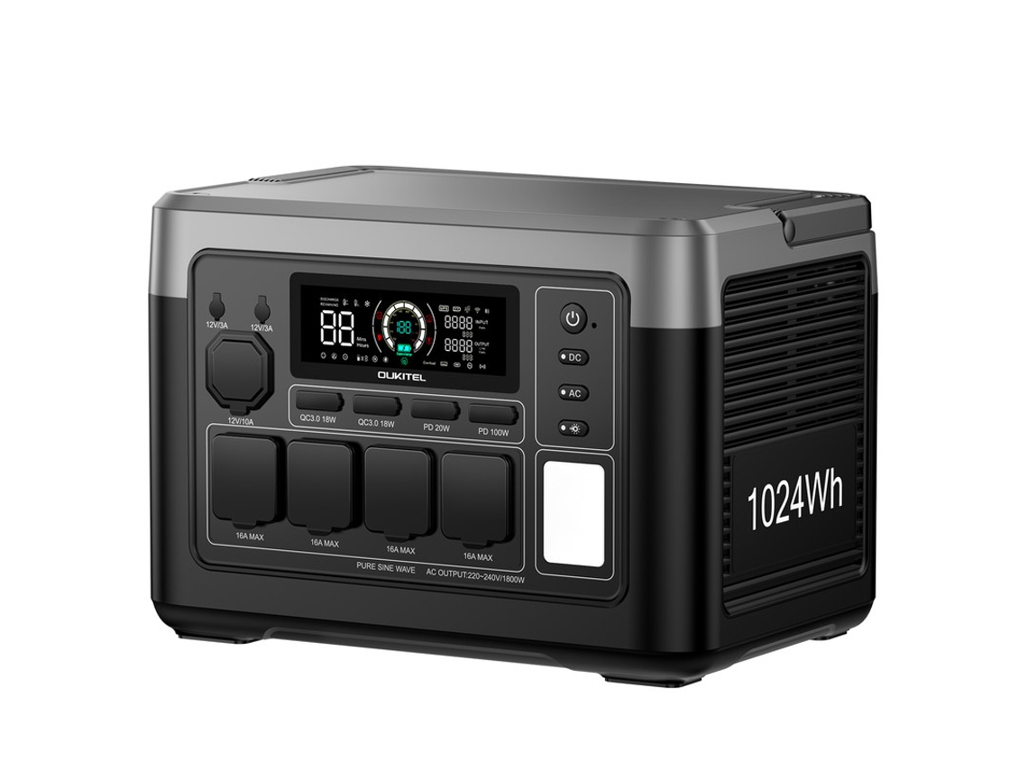 Estação de Energia Portátil OUKITEL P1000 Plus 1024Wh LiFePO4, 1800W Solar,Carga Rápida 0-80% 45min|Silencioso p/ Campismo,Autocaravana,Emergência
