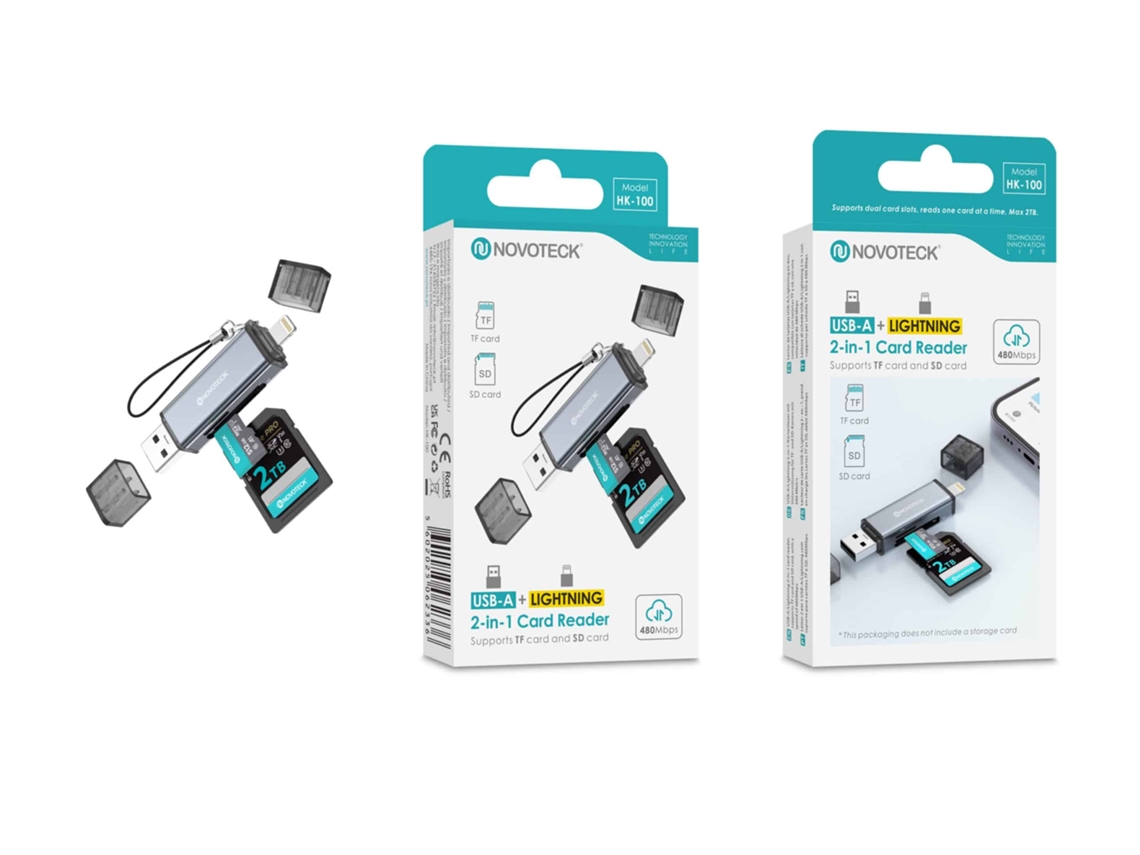 Leitor De Cartões 2 Em 1 Hk-100 – Usb-a + Lightning, Compatível Com Sd E Tf (microsd)