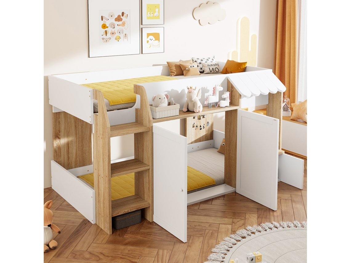 Cama Infantil Tipo Cabaña De 90x200 Cm En Madera Maciza Con Espacio De Almacenamiento Abierto, Escalera De Acceso, Altillo Bajo, Colchón No Incluido.