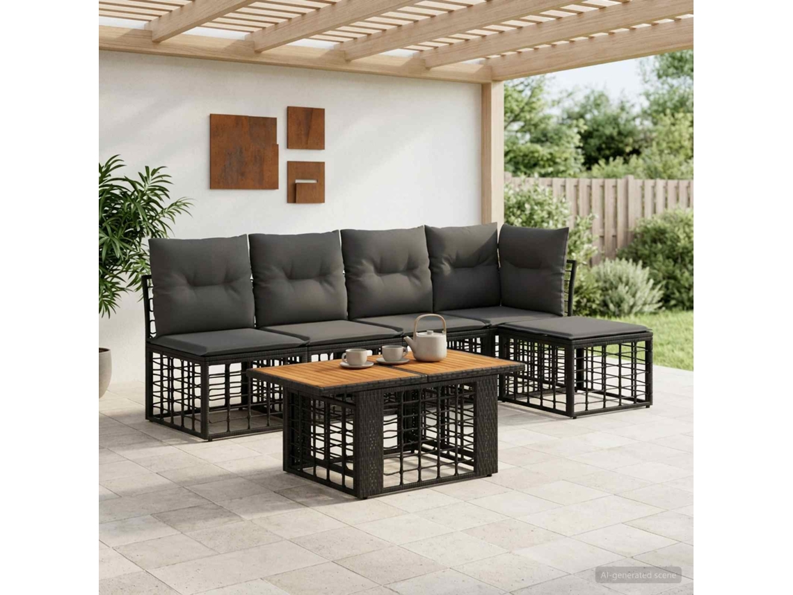 Vidaxl Conjunto De Sofá De Jardim 6 Unid. Preto E Cinza Escuro Vime Pe