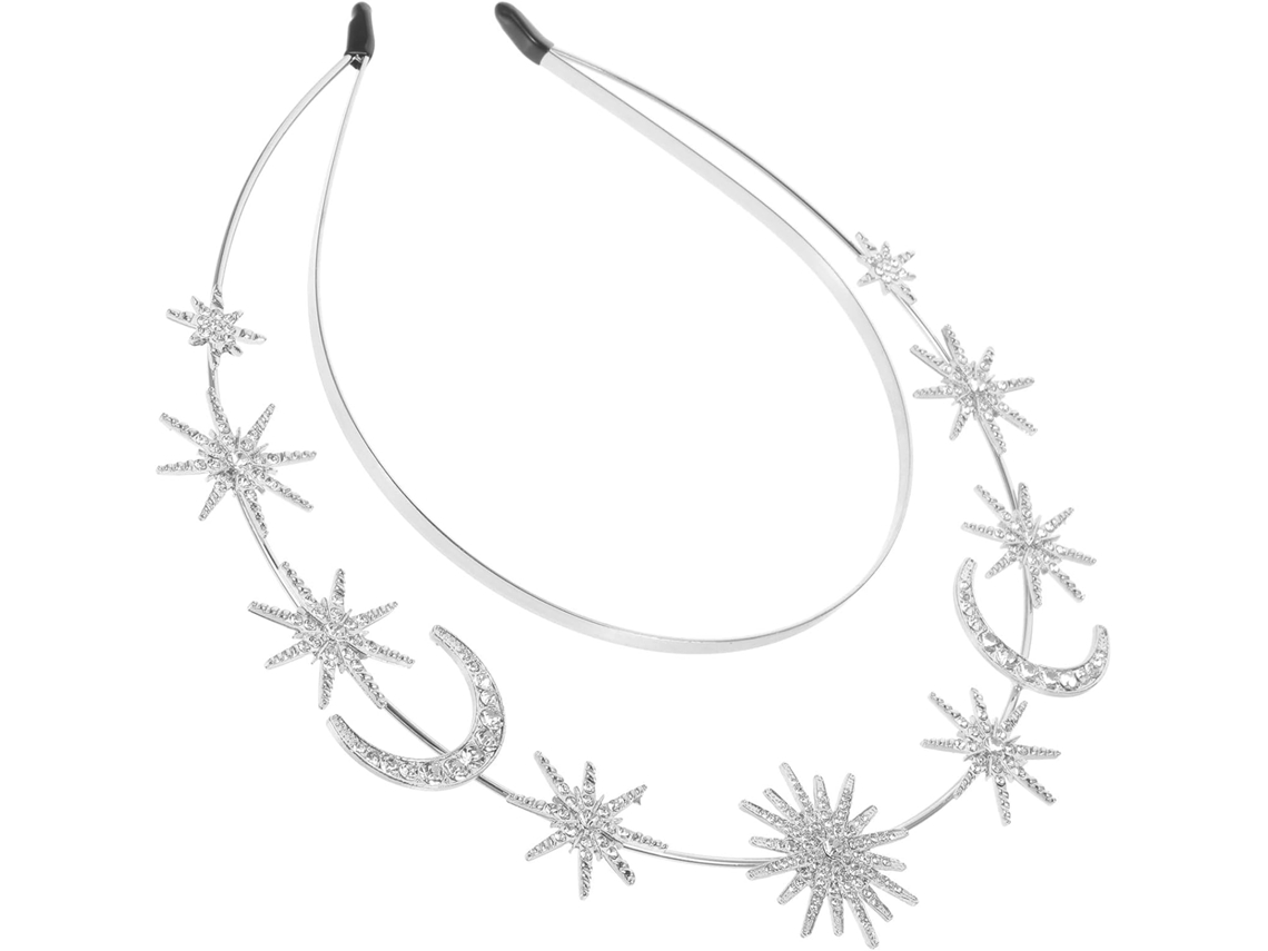 Tiara De Metal Prateado Com Estrela E Lua, Design De Dupla Camada.