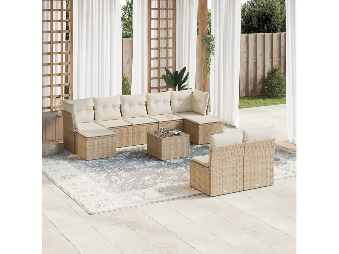 Vidaxl 10 Pcs Conjunto De Sofás P/ Jardim Com Almofadões Vime Pe Bege