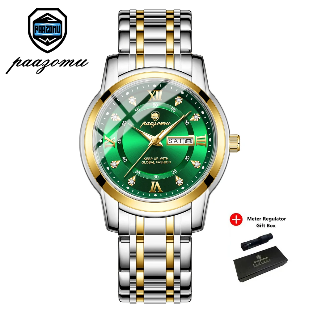 (dourado-esverdeado) Relógio Requintado E Elegante, À Prova D'água, Com Data E Dia Da Semana Luminescentes.