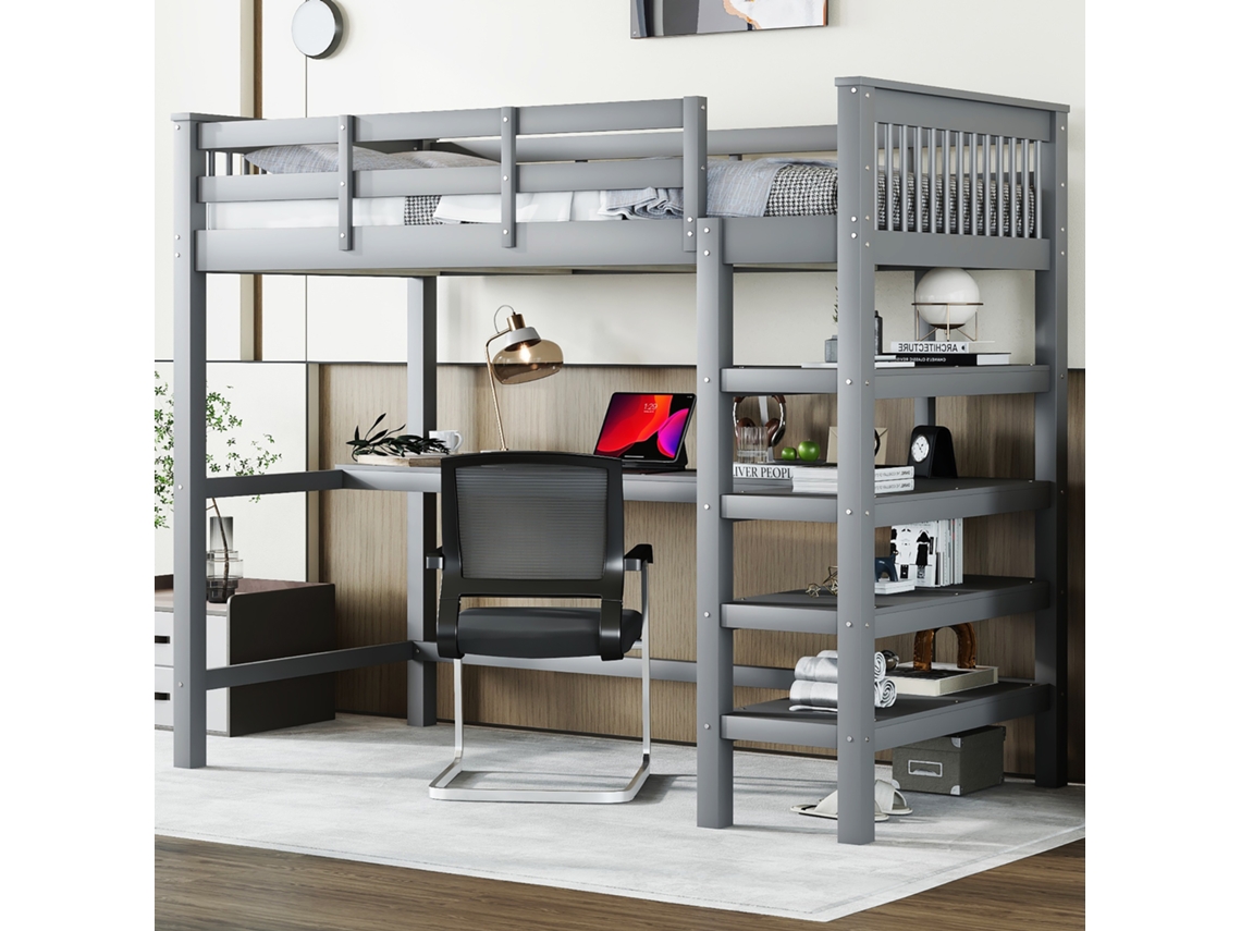 Cama Alta Em Pinho Cinza 90x200 Cm