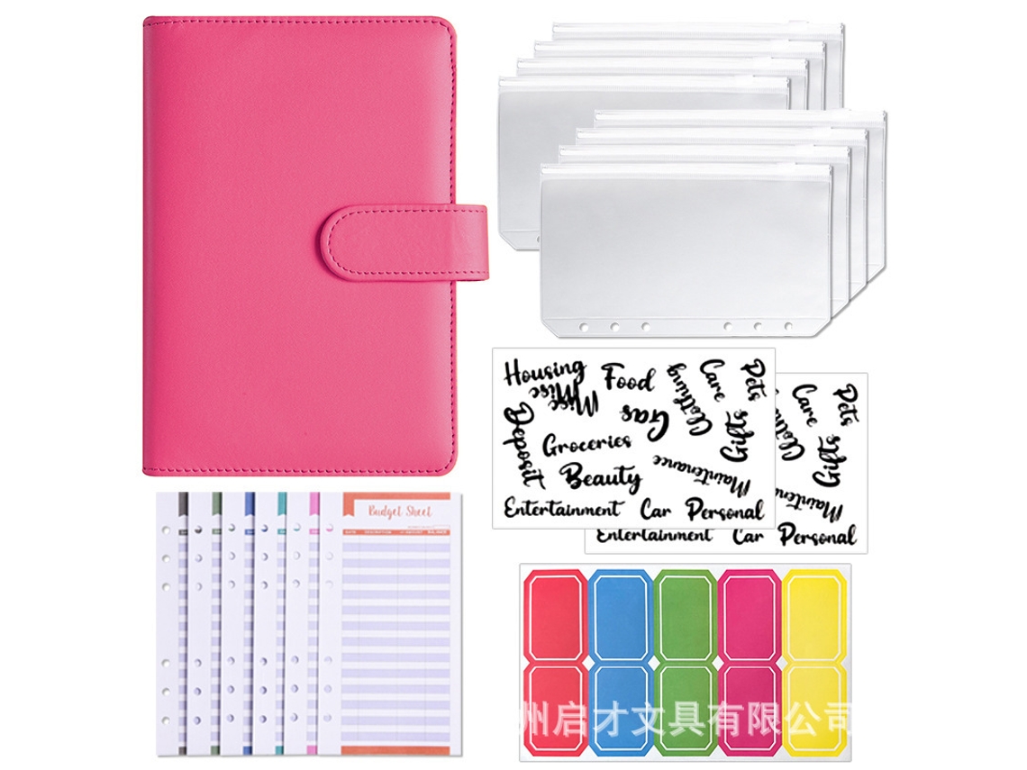 A6 Pu Leather Ring Binder Budget Planner Macaron Style, Rose Red Cover With 8-zipper Pockets, 12-matching Budget Cards