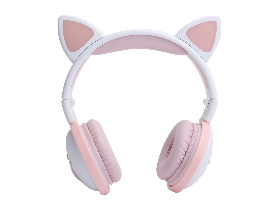 Aetheria fone de Ouvido Bluetooth Sem Fio Hifi com Luzes Led Orelhas de Gato Plegável Rosa Branco