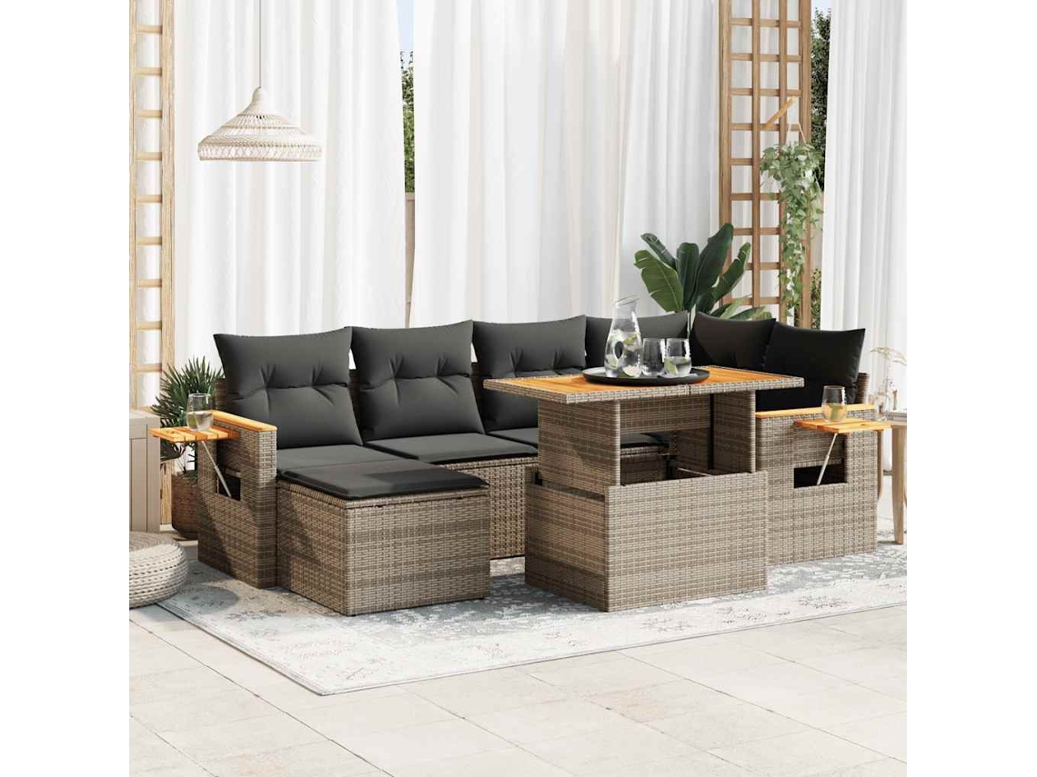 Vidaxl 7 Pcs Conjunto Sofás Jardim Almofadões Vime Pe/acácia Cinzento