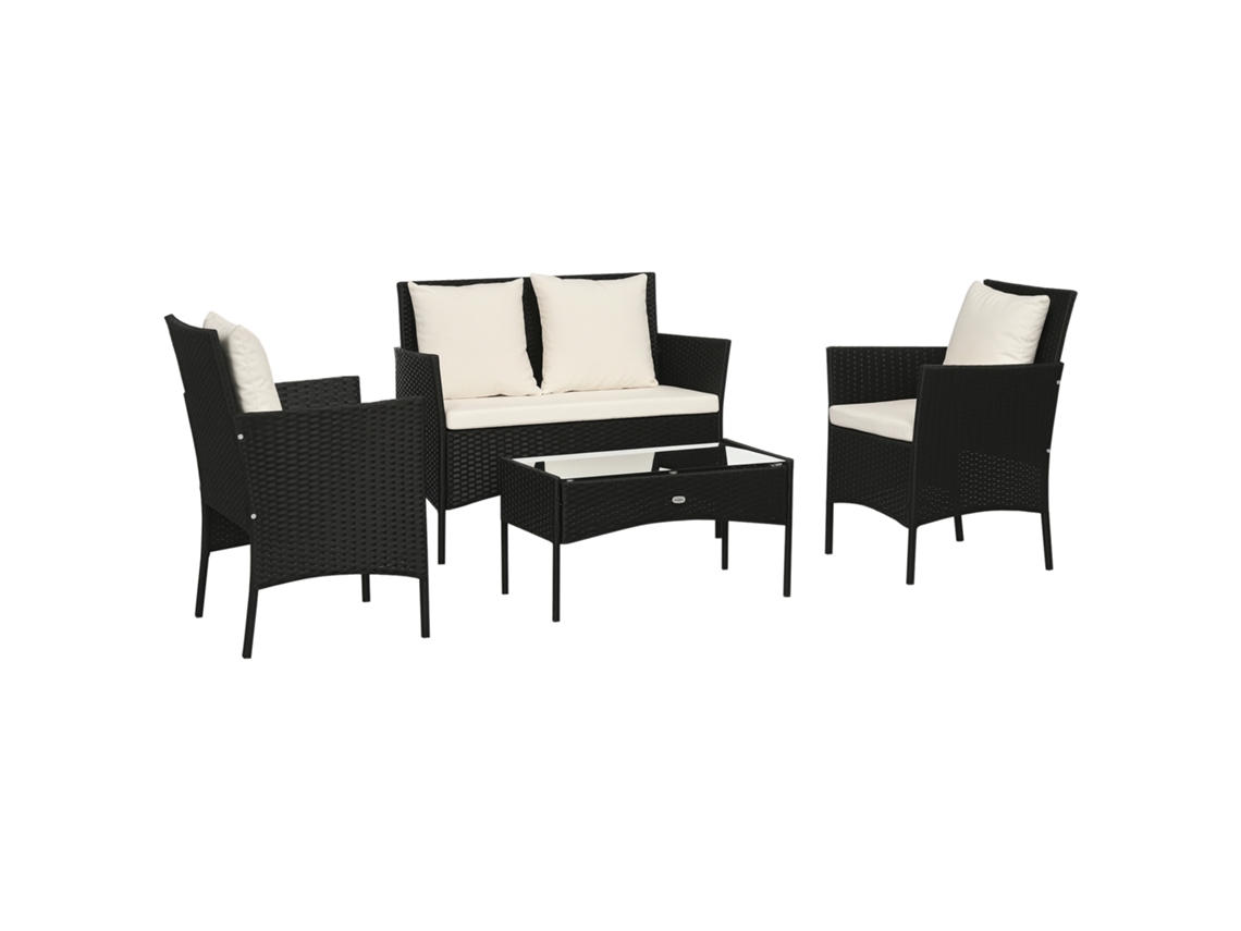 Conjunto de jardim 4 peças em resina trançada: sofá 2 lugares, 2 poltronas, mesa baixa, cores areia e creme QINGYU TECH