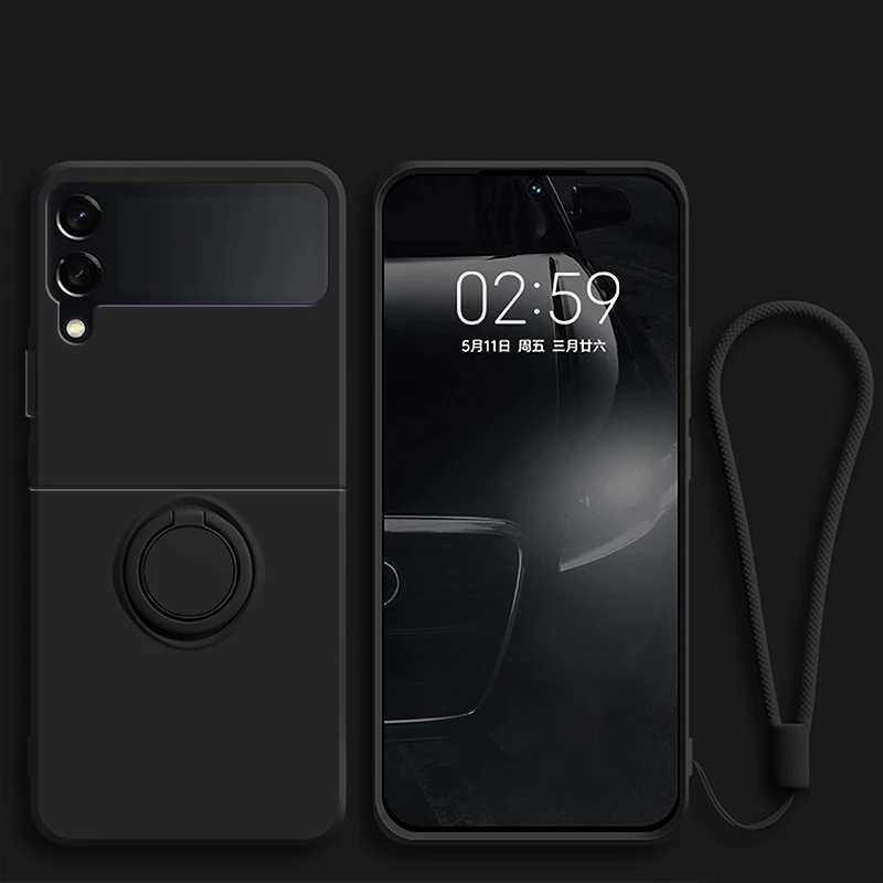 (preto, Galaxy Z Flip6) Capa Flip Para Celular Em Silicone Líquido, Compatível Com Samsung, Resistente A Quedas, Com Suporte De Anel.