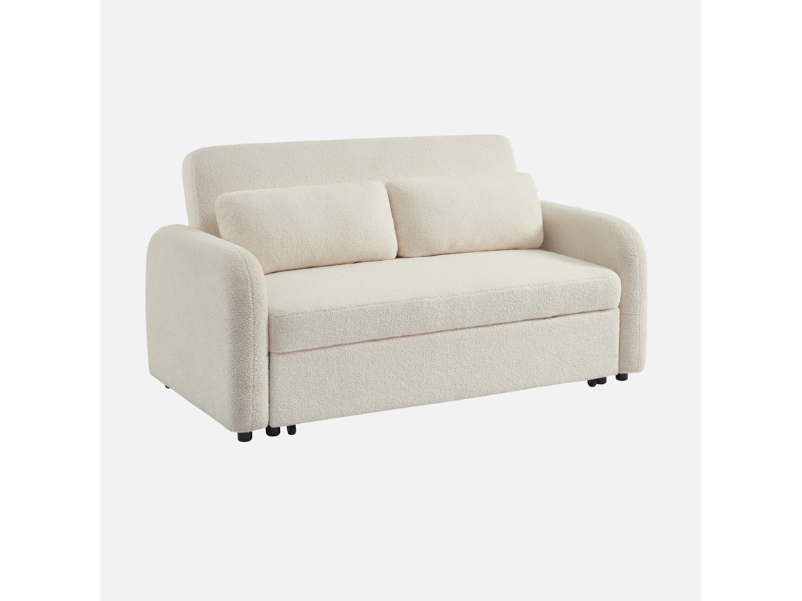 Sofá Cama Conversível Arredondado 2 Lugares Bouclette, Creme Sweeek