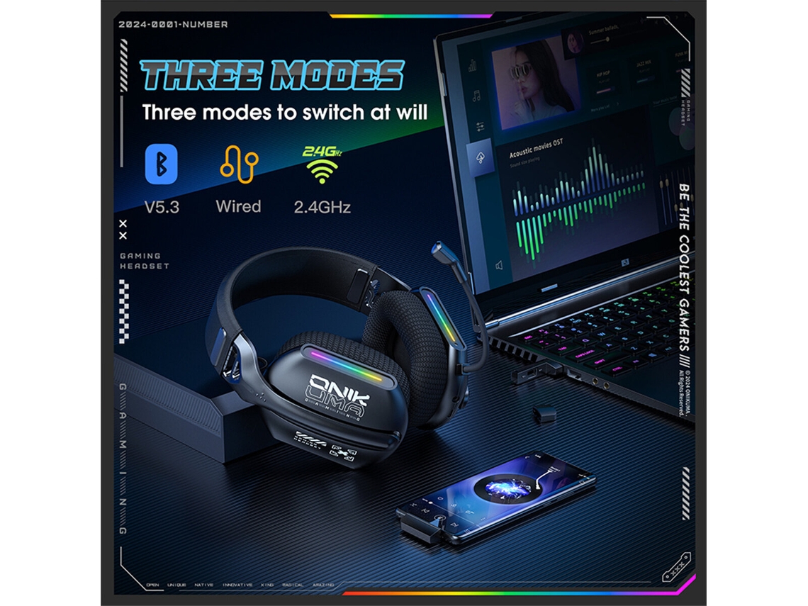 Auricular Jogos Onikuma Gt808 Tri Modo Sem Fios Bluetooth Com Altifalante De 40 Mm, Som Surround Estéreo, Luz Rgb, Protetores Auriculares Respiráveis