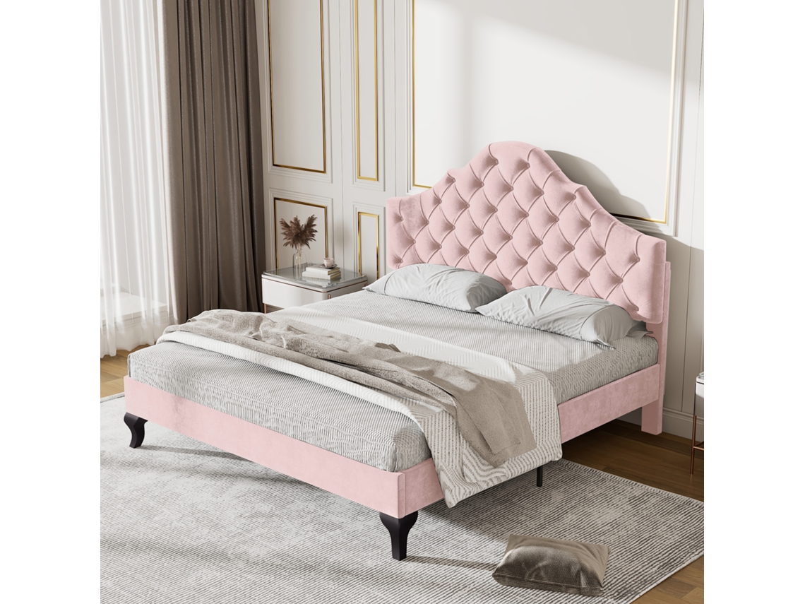 Cama 140x200 Veludo Rosa com Cabeceira Ajustável