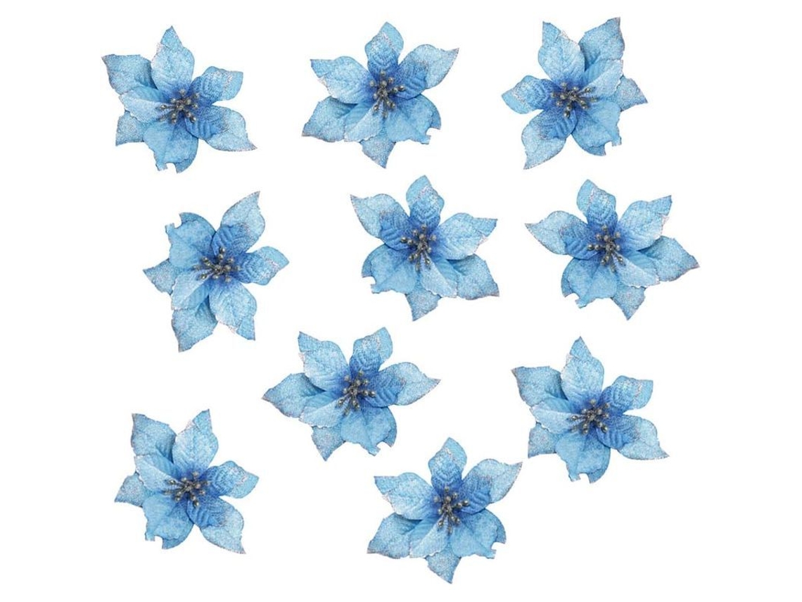 Enfeites de Natal Artificiais com Flores e Glitter para Árvore de Natal - Pacote com 10 Unidades (Azul)
