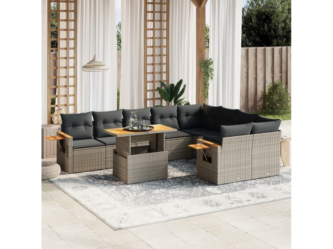 10 Pcs Conjunto Sofás De Jardim C/ Almofadões Vime Pe Cinza Dkd Home Decor