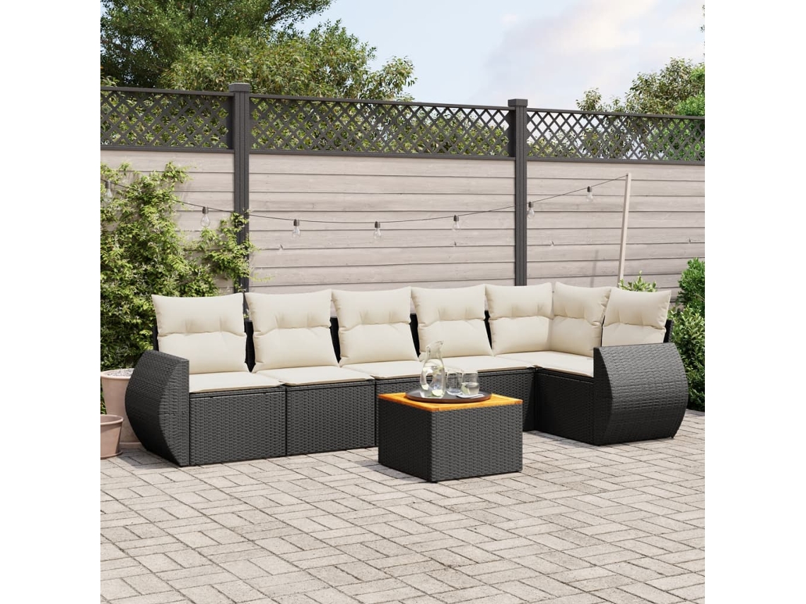 Jogo de Sofá 7 Peças P/ Jardim C/ Almofadões Vime Pe Preto Dkd Home Decor