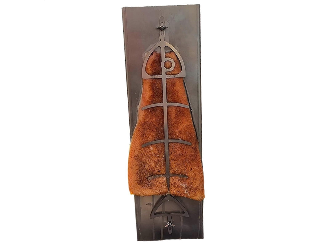 Grelha Para Salmão Em Tábua De Cedro Para Churrasco Com Suporte Reversível Em Aço Inoxidável E Altura Ajustável.