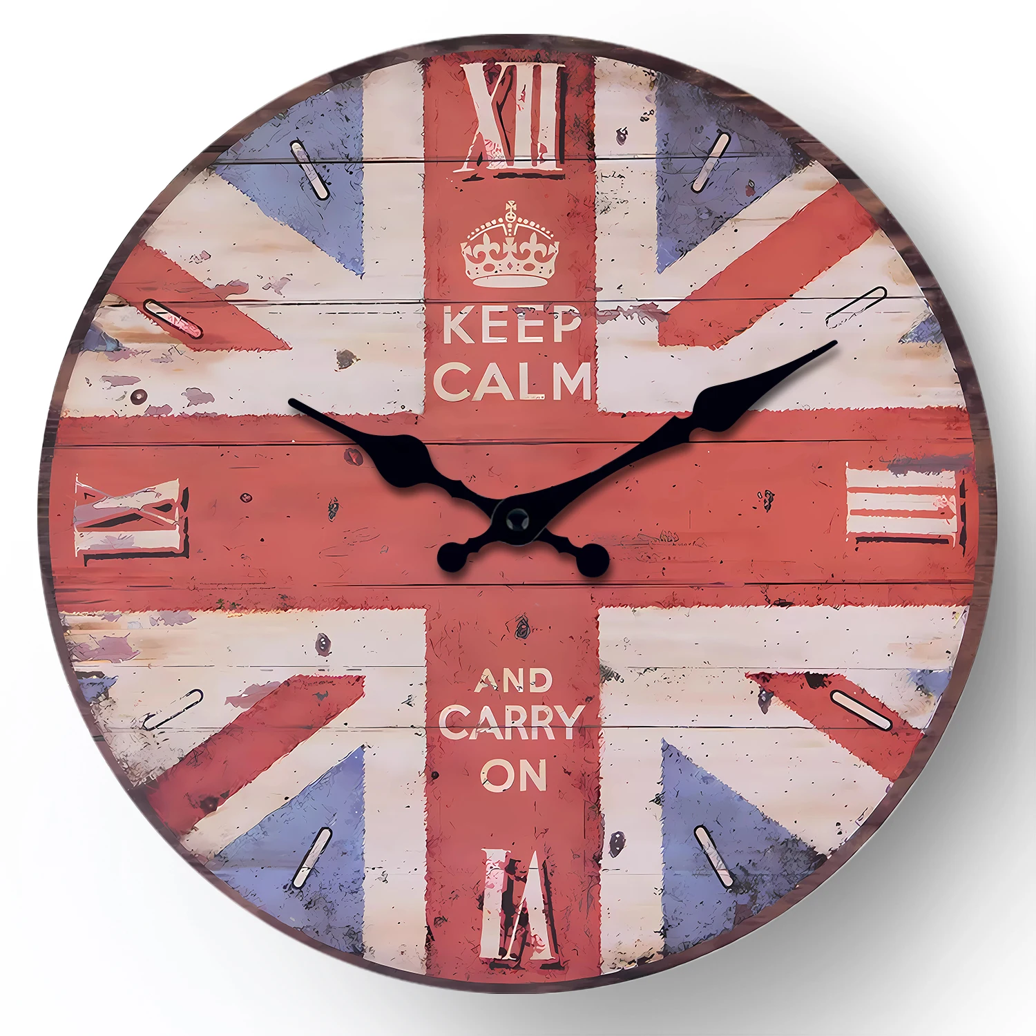 Relógio De Parede De Madeira Vintage (35,5 Cm) Com Estampa Da Bandeira Do Reino Unido ''keep Calm'', Relógio De Quartzo Silencioso