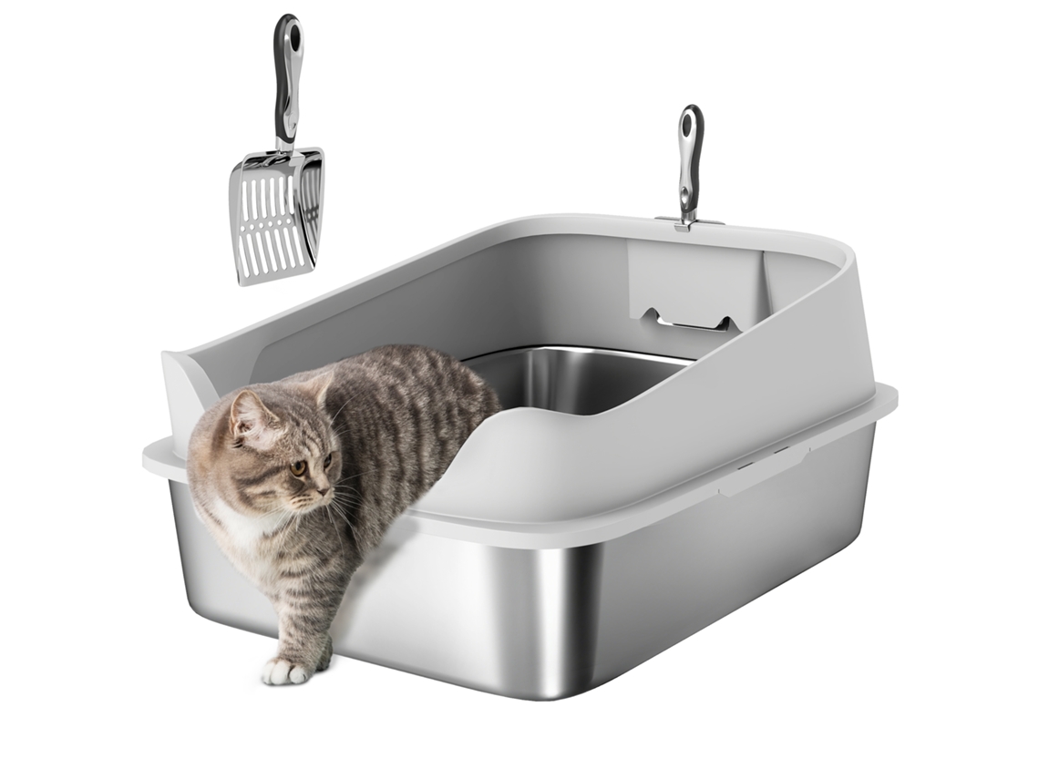 Caixa de Areia XXL em Aço Inoxidável para Gatos com Borda Alta, Pá, Fácil de Limpar, À Prova de Vazamentos, 70x50x30 Cm, Cinza. ESSÊNCIACASA