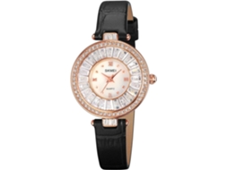 Lurelia Relógio Feminino, Movimento De Quartzo, Detalhes Com Strass, Couro, Vidro Mineral, Preto, Dourado