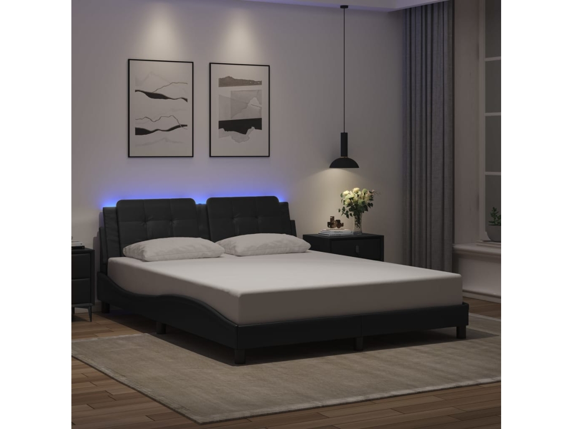 Estrutura De Cama C/ Luzes Led 160x200cm Couro Artificial Preto