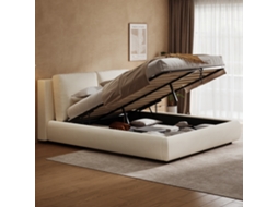 Cama Casal Bege 180x200cm Estofada, Hidráulica, Base Ripas, Cabeceira Armazenamento, Bouclé. -op