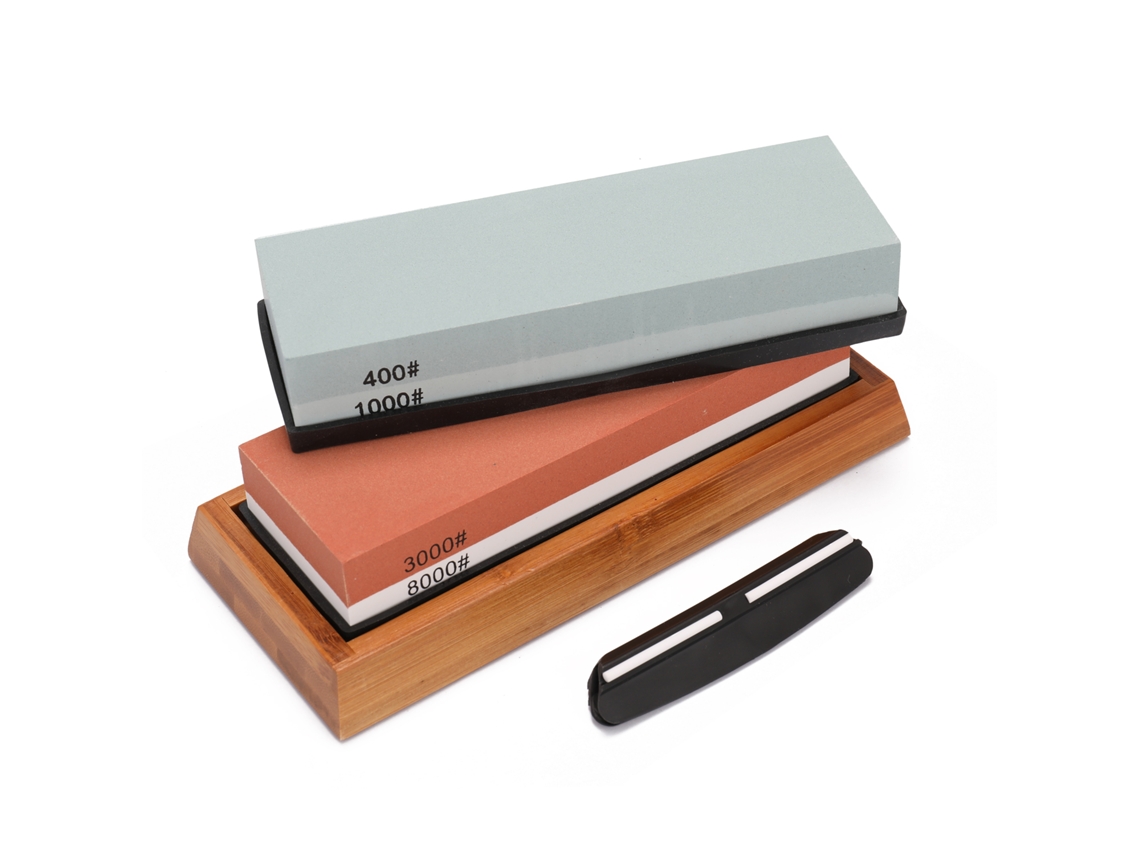 Conjunto de pedras de afiar premium com grãos 400/1000 e 3000/8000 e base antiderrapante para facas e lâminas.