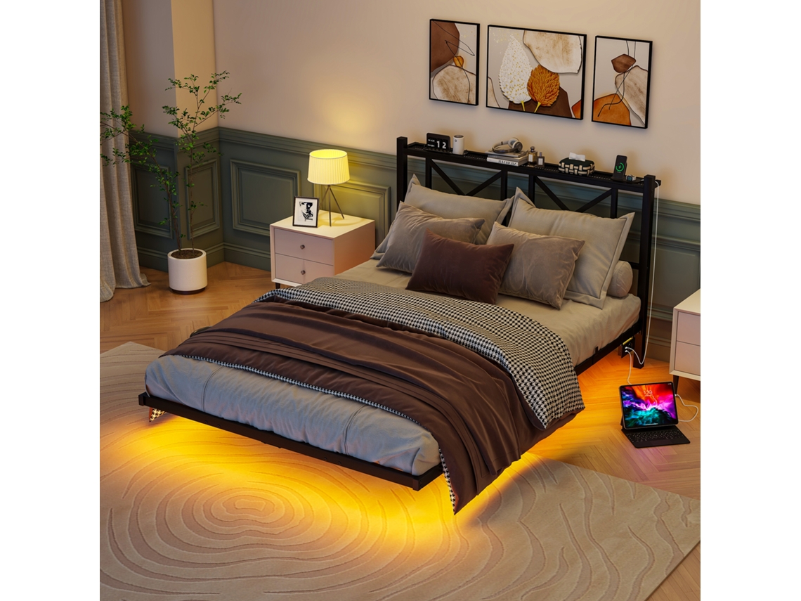 Cama De Duplo Flutuante Na Parede Resistente Com Led E Encosto Assemblagem Simples 140x200 Cm