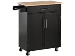 Carrinho de Cozinha Móvel VISTA, 83x45x91cm, com Gaveta, Armário, Porta, Design Preto