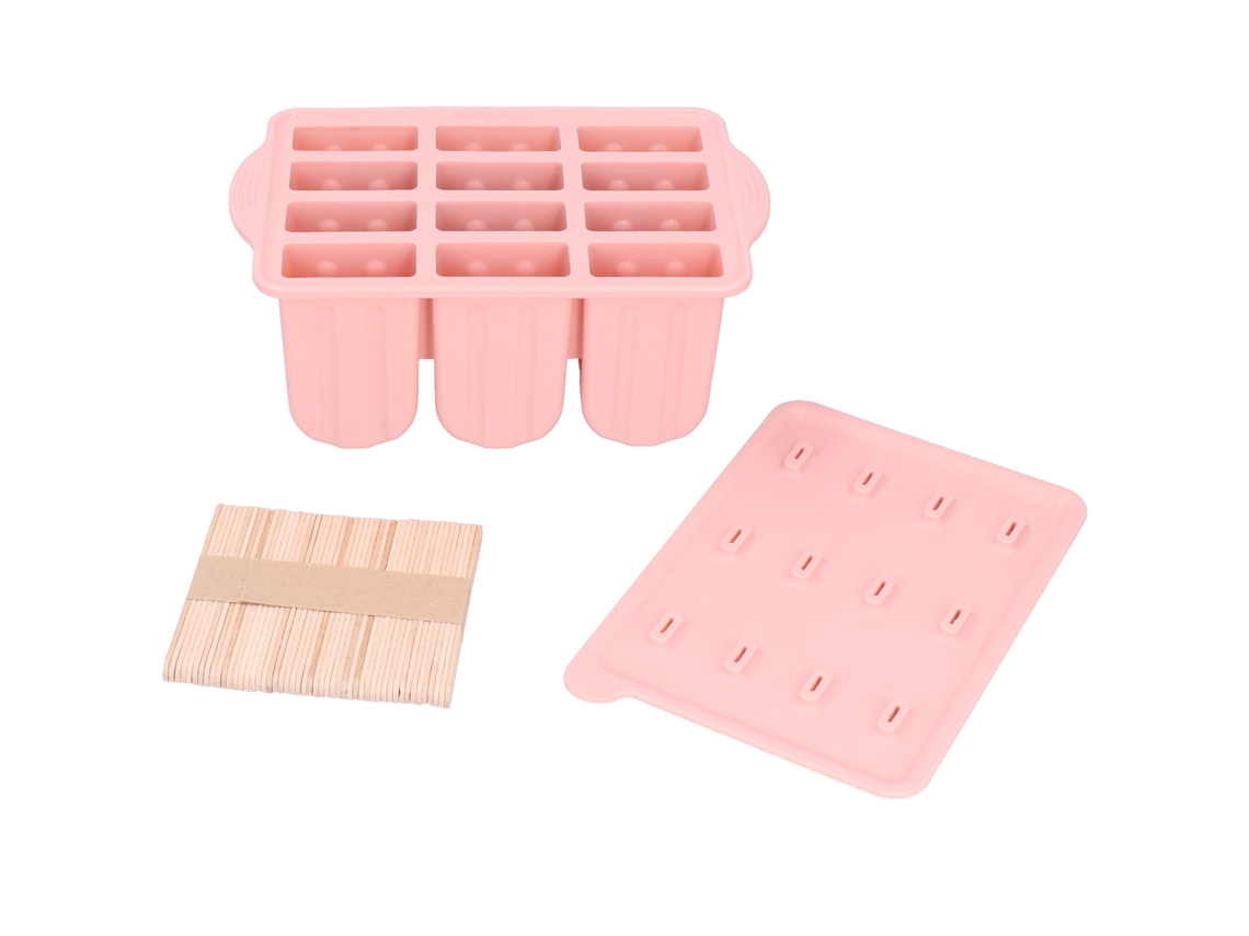 Molde De Sorvete De Silicone Com 12 Compartimentos, Tampa E 50 Palitos, Ferramenta De Cozinha Diy Rosa