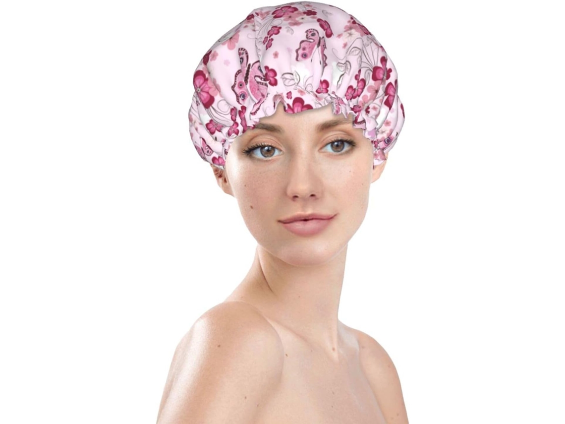 Touca De Banho Reutilizável E Impermeável Para Mulheres Dupla Camada Elástico Cabelos Longos Flor Borboleta Rosa