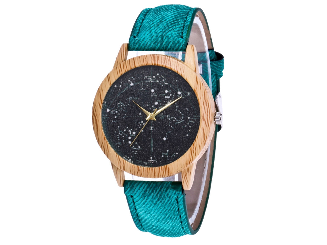Relógio de quartzo casual Zhoulianfa com estampa de céu estrelado verde e denim.