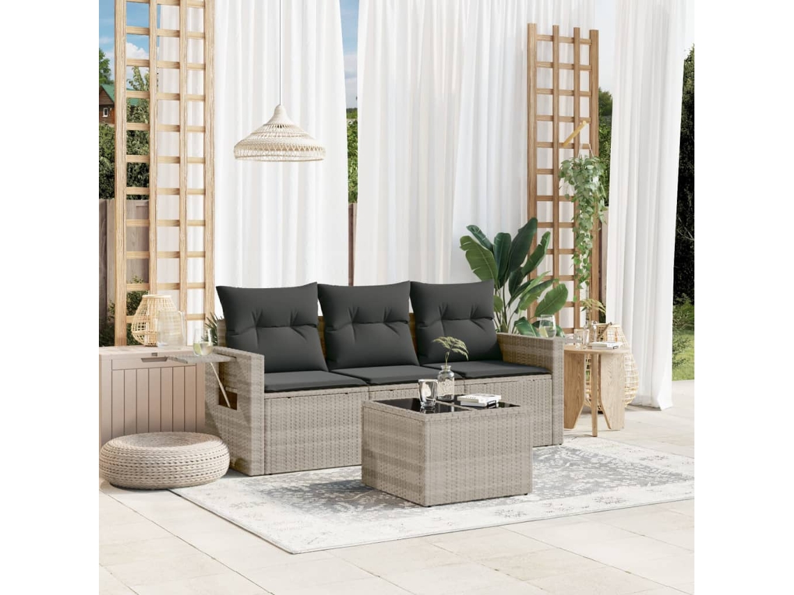 Vidaxl 4 Pcs Conj. Sofás Jardim C/ Almofadões Vime Pe Cinzento-claro