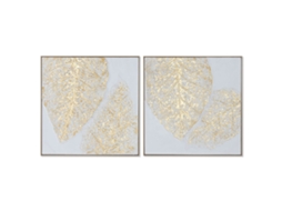 Pintura HOME ESPRIT Branco Dourado Tela Madeira MDF Moderno Folha de planta 82 x 4,5 x 82 cm (2 Unidades)