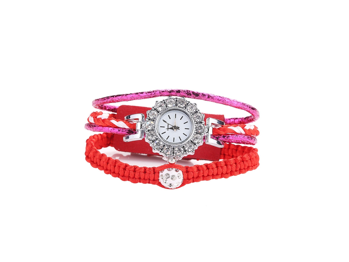 Relógio de Pulso Feminino de Moda com Pulseira de Couro Pu e Strass Vermelho