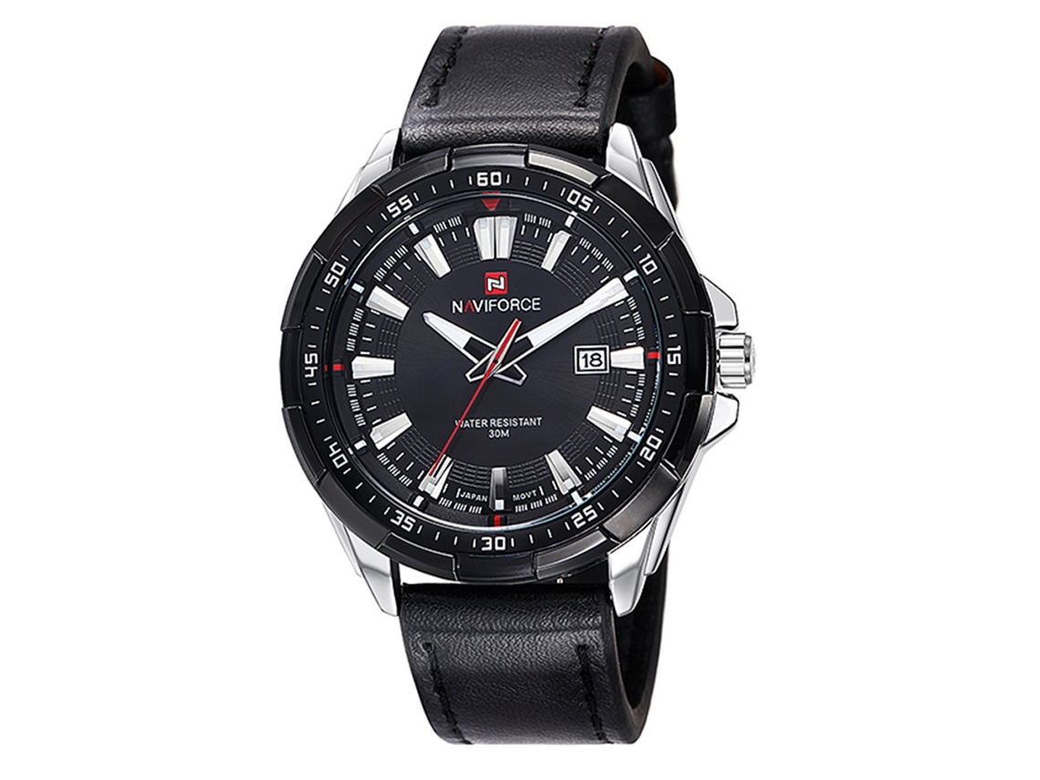 Relógio Masculino de Couro com Quartzo, Resistente À Água 3atm e Calendário Naviforce (branco e Preto)