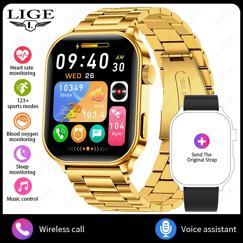 Smartwatch MDUG com Tela de 2,01 Polegadas, Monitor de Saúde, Chamadas Bluetooth, À Prova D'água (ouro, Pulseira de Aço)