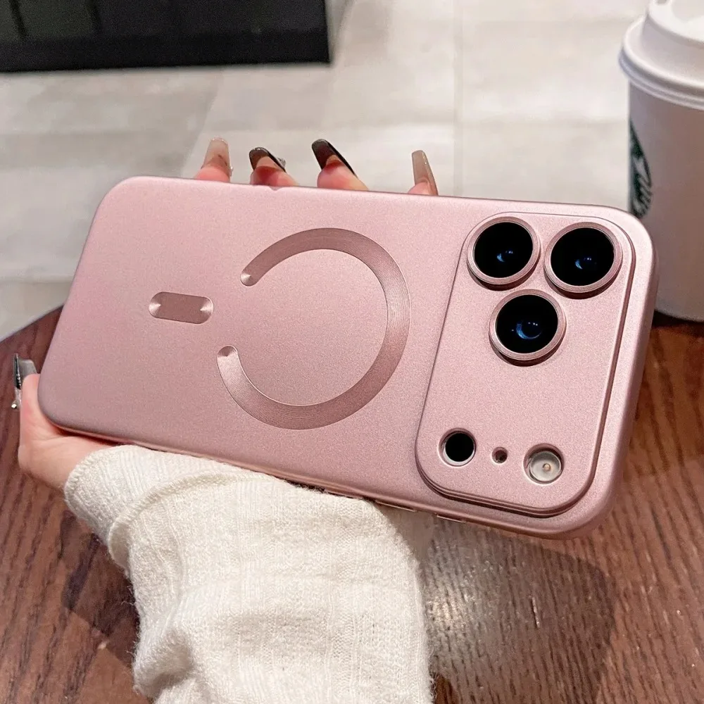 (iphone 16 Pro Max Rosa) Capa De Celular Magnética Metálica De Luxo Para Iphone Com Suporte Para Carregamento Sem Fio.