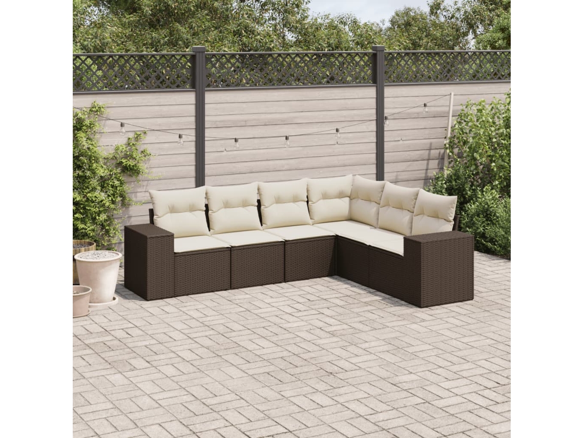 Vidaxl 6 Pcs Conjunto De Sofás Jardim C/ Almofadões Vime Pe Castanho