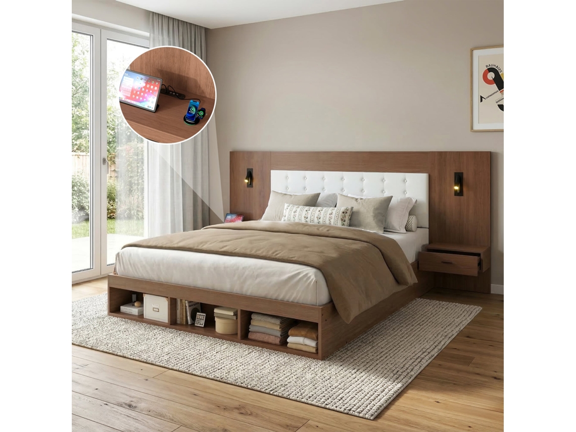 Cama Casal 180x200 Arrumação Usb Leitura 2 Mesas Nogueira