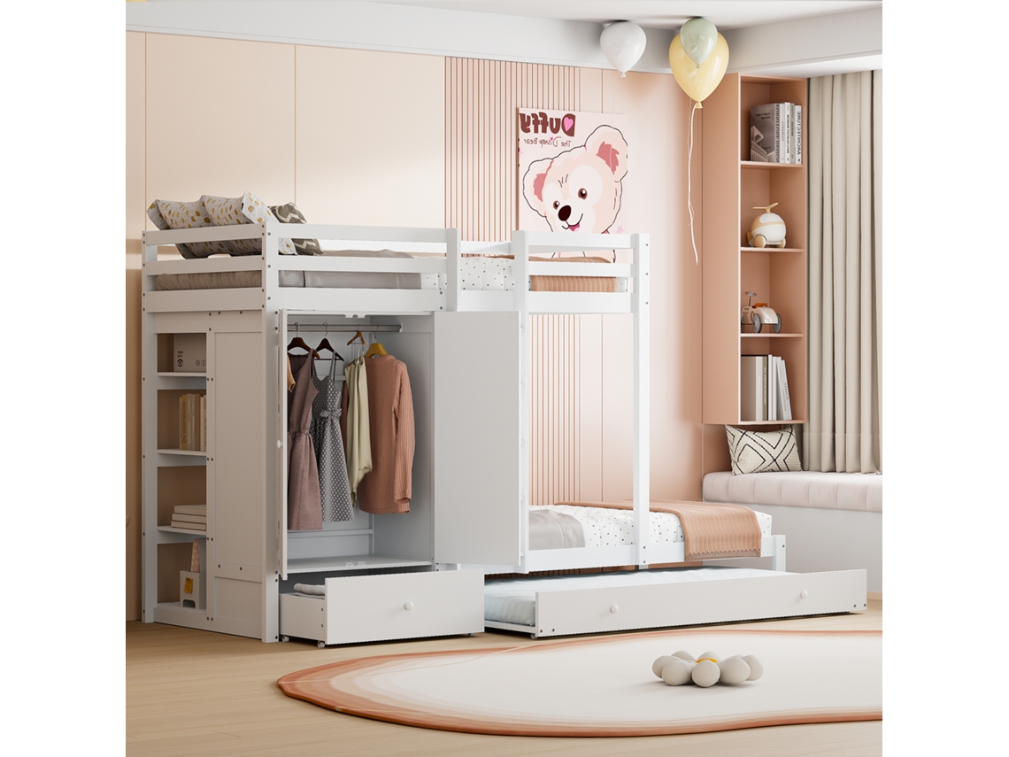 Beliche Em Madeira Maciça 90*200 Com Cama Cama-cama, Berço Multifuncional Com Guarda-roupa, Gavetas E Compartimento De Armazenamento, Branco Cs