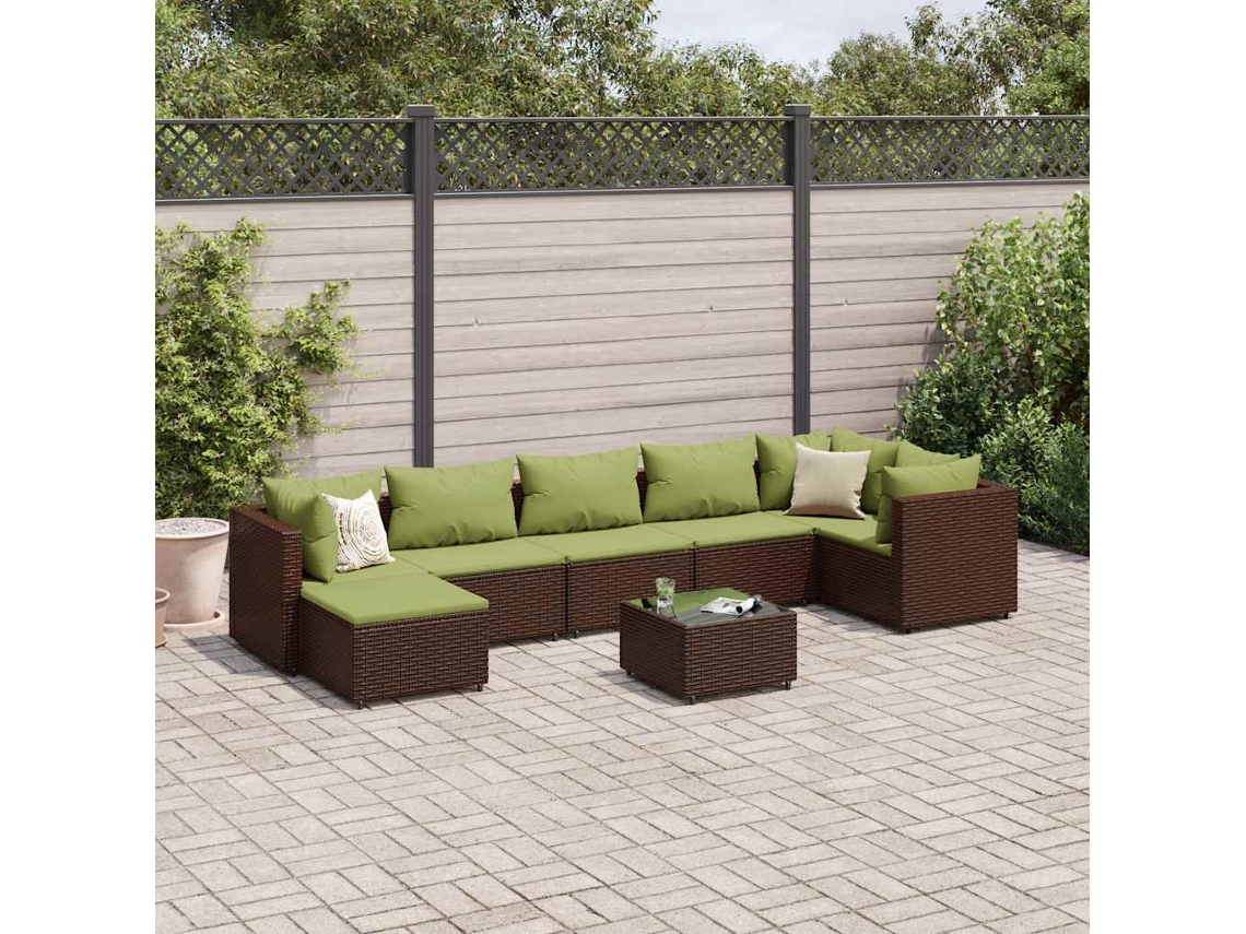 Vidaxl 8 Pcs Conjunto Lounge De Jardim C/ Almofadões Vime Pe Castanho