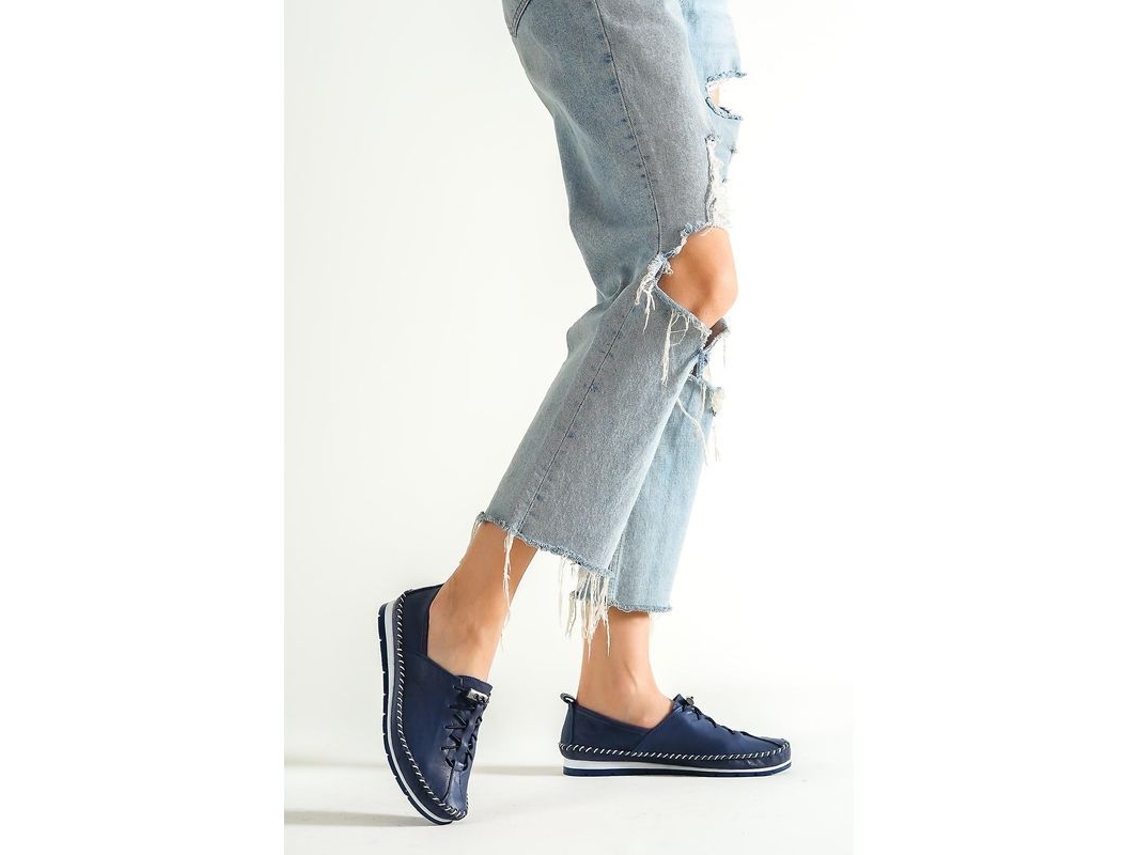 Sapatos Flats Casuais em Couro Genuíno Marrom, Palmilha Anatômica, Solado Térmico 2cm Azul Marinho S/MARCA