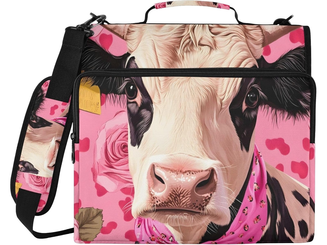 Bolsa Organizadora Com Estampa De Vaca E Rosa, Com Zíper E Compartimento Laptop, Resistente À Água, Ideal