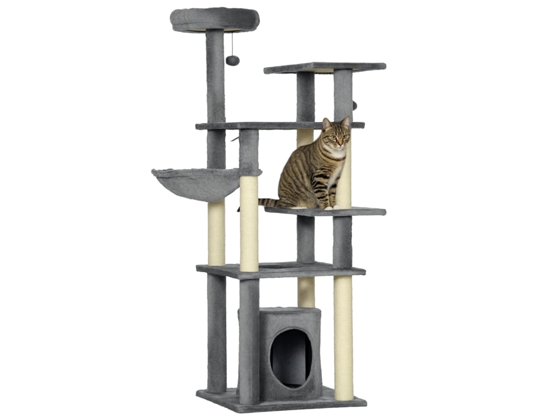 Torre Grande para Gatos de 144 Cm com Arranhadores, Cama, Toca, Plataformas e Bolas Penduradas, 49 X 49 X 144 Cm, Cinza. ESSÊNCIACASA